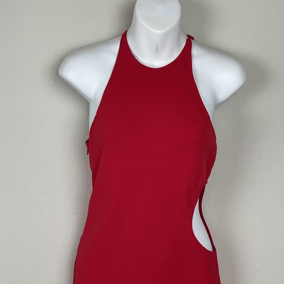 Amanda Uprichard Red Maxi Dress XS High Neck Cutout Slit Formal Sleeveless‎ - Picture 4 of 9